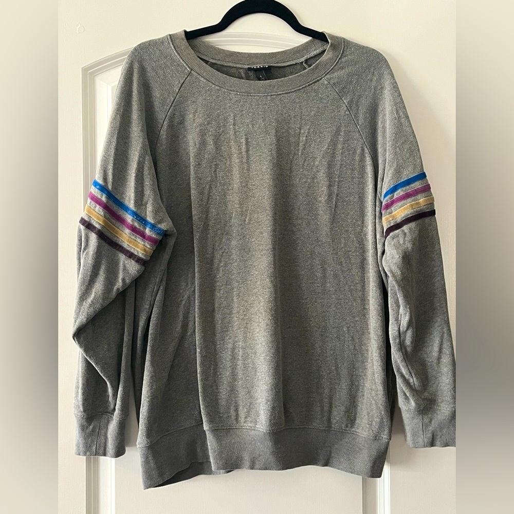 Grey sweater with rainbow striping on sleeves size 1 from Torrid